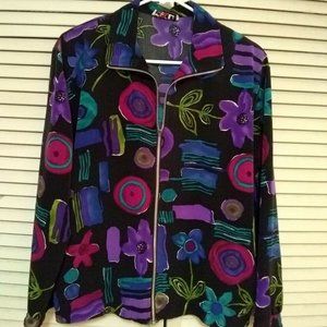 Large Petite Teddi Floral Art Deco Mod Print Full Zip Lightweight Jacket